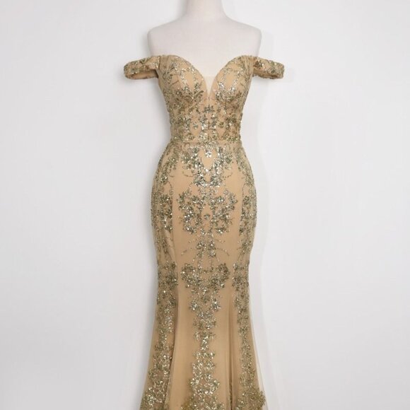 New Sheath Off Shoulder Elegant Gown w/ Glitter Embroidery & Zipper Back CD T613 - Picture 1 of 13